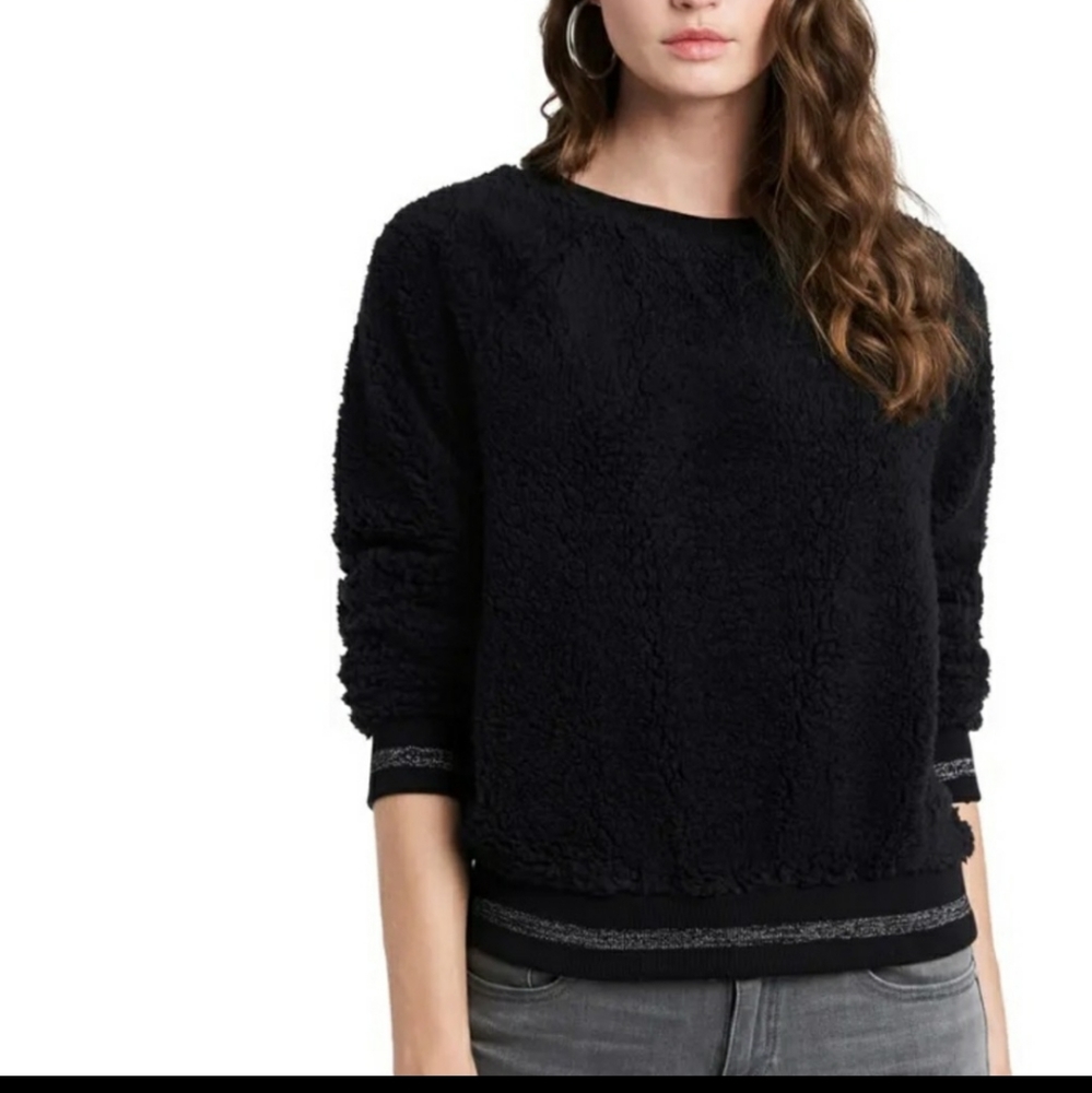 1. State Women's Teddy Fuzzy Pullover Sweatshirt Black Top Medium Shirt